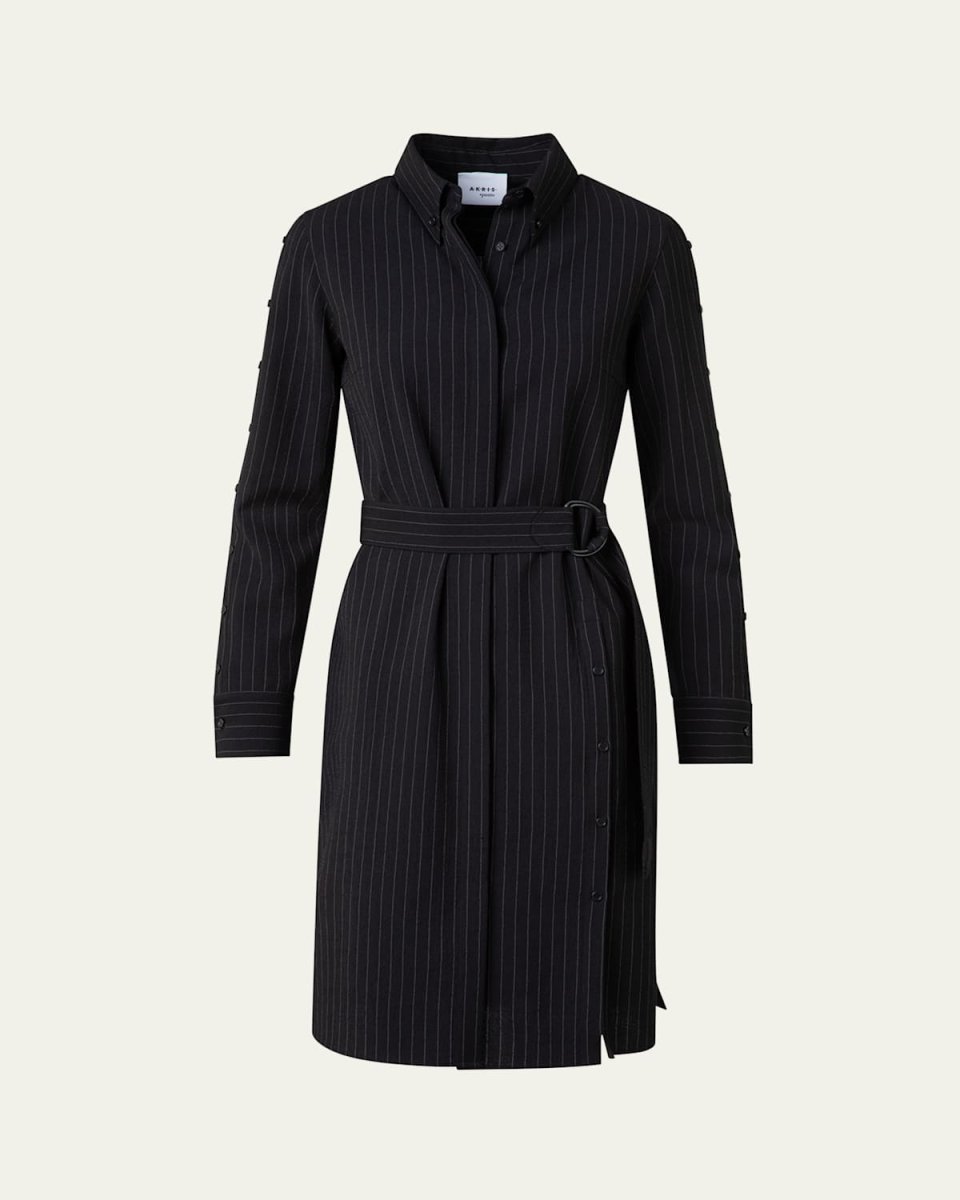 Pinstripe Belted Wool Shirt Dress